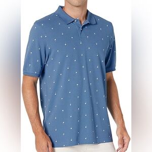 Amazon Essentials Blue Palm Tree Print Cotton Pique Golf Polo Shirt Size Small